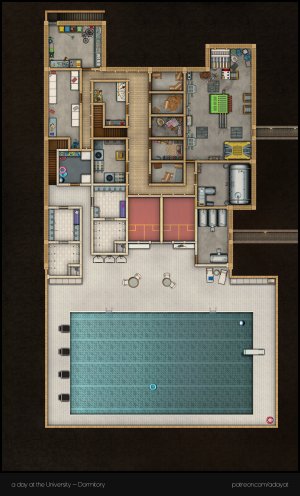They said to meet at the pool from their dormitory at 3am in the morning, I wonder what they might want... a day at the University | Part 3: The Dormitory [26x43, ground floor & basement]