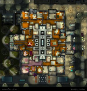 a day at the skyscraper – a multilevel battlemap over 7 unique floors [45x47] [nighttime with blurry background variants]