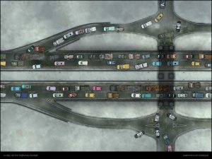 “Back then, everyone tried to leave the city at the same time - how are we supposed to get through this traffic chaos?” [three different biomes: snow, desert and green with different traffic situations] [60x45]