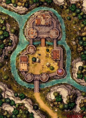 Highwater Stronghold 40x55 battle map (interiors) & scene (Cropox Battlemaps & Red Sun Art)