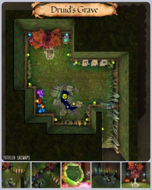 Druid's Grave (14x16) - a site for your players to venerate in exchange for a blessing, or merely a grave-robbing opportunity? (Free light & dark maps, plus over 1,200 other free maps!)