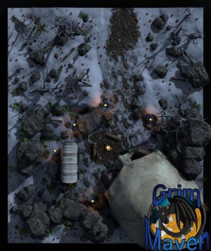 "Giants Camp"(27x32) oh good there's a nice bit of cover in that weirdly white rock over there! Perfect for a camping spot. They'll get a fright in the day time when they realise.