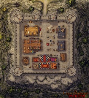 Highcliff Stronghold 50x55 battle map & scene (Cropox Battlemaps & Red Sun Art)