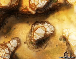 The Fangs serve as an impassable barrier made up of needling sandstorms and dangerous jagged mesas. Only a fool would try to cross, If the sand doesn't shred you the creatures burrowing below surely will.