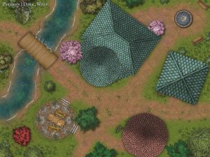 A peaceful riverside village, a small shrine, and an open pavilion... or the site of a quiet ambush? [45x34] [Gridless] [OC]