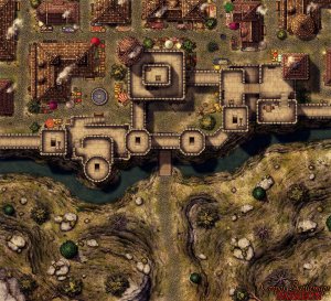 Main Gate Fortress 44x40 battle map & scene (Cropox Battlemaps & Red Sun Art)