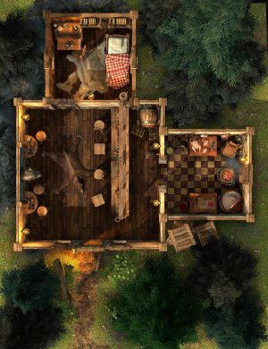 [OC] The Old Hunter's Rest — a lonely cabin tavern run by a retired hunter (only one room to rent)
