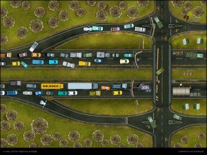 “Back then, everyone tried to leave the city at the same time - how are we supposed to get through this traffic chaos?” [three different biomes: snow, desert and green with different traffic situations] [60x45]